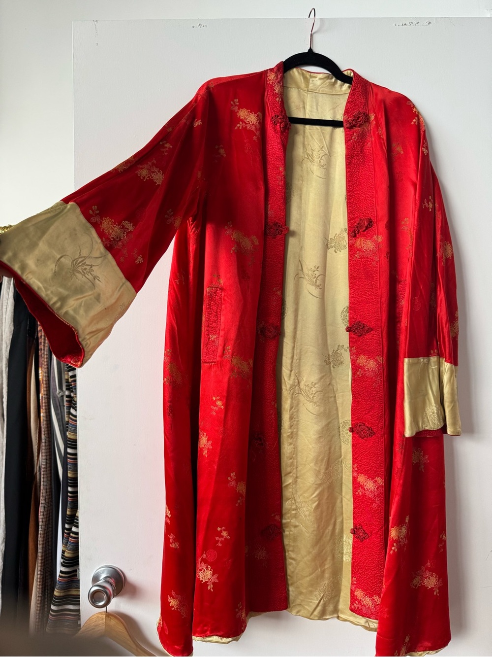 Vintage Reversible Red & Gold Chinese Brocade Coat, Frog Closures